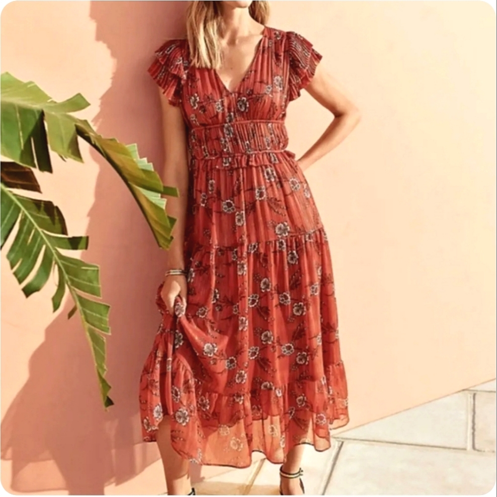 Nwot Ann Taylor Rust Metalic Shimmer Flutter Cap Sleeve Tiered Floral Ma…